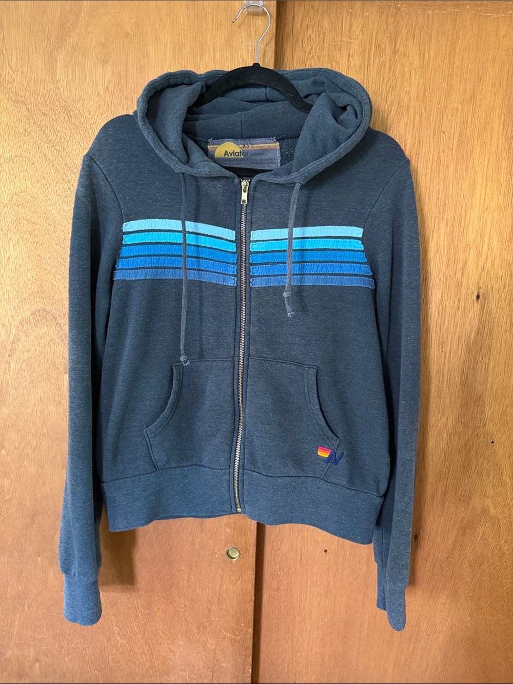 Aviator Nation charcoal Zip Hoodie with Blue Stripe Detail-size XS